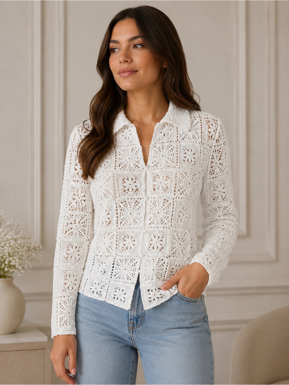 Favorite Daughter Crochet Dream Top White Cotton Crochet Button Shirt US XS
